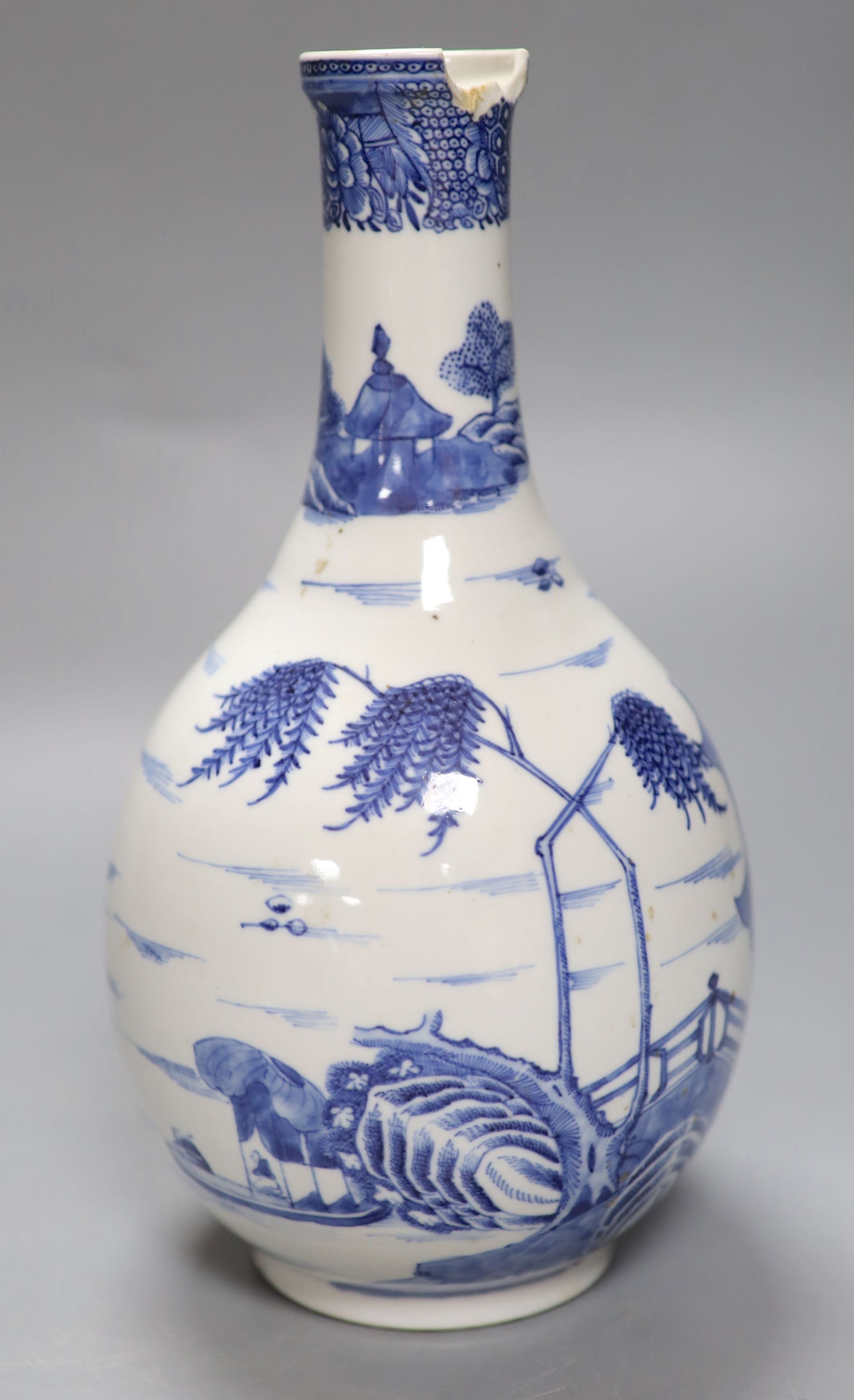 An 18th century Chinese blue and white guglet, once mounted as a lamp, height 25.5cm (drill hole to base)